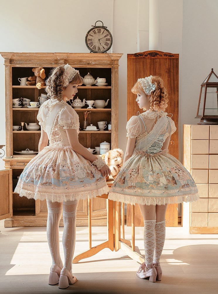 Tea Full Green Corset Mint Sweet Dress Party Print Lolita JSK Bodice Kitty Set