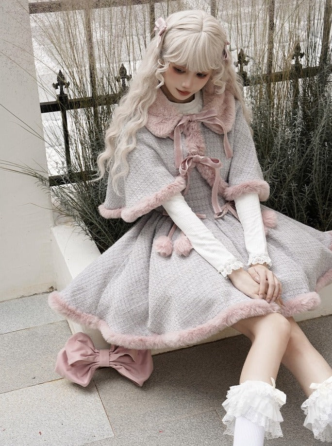 Tweed-Pelzkleid Pelz + süßer Umhang