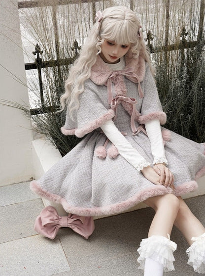 Tweed-Pelzkleid Pelz + süßer Umhang