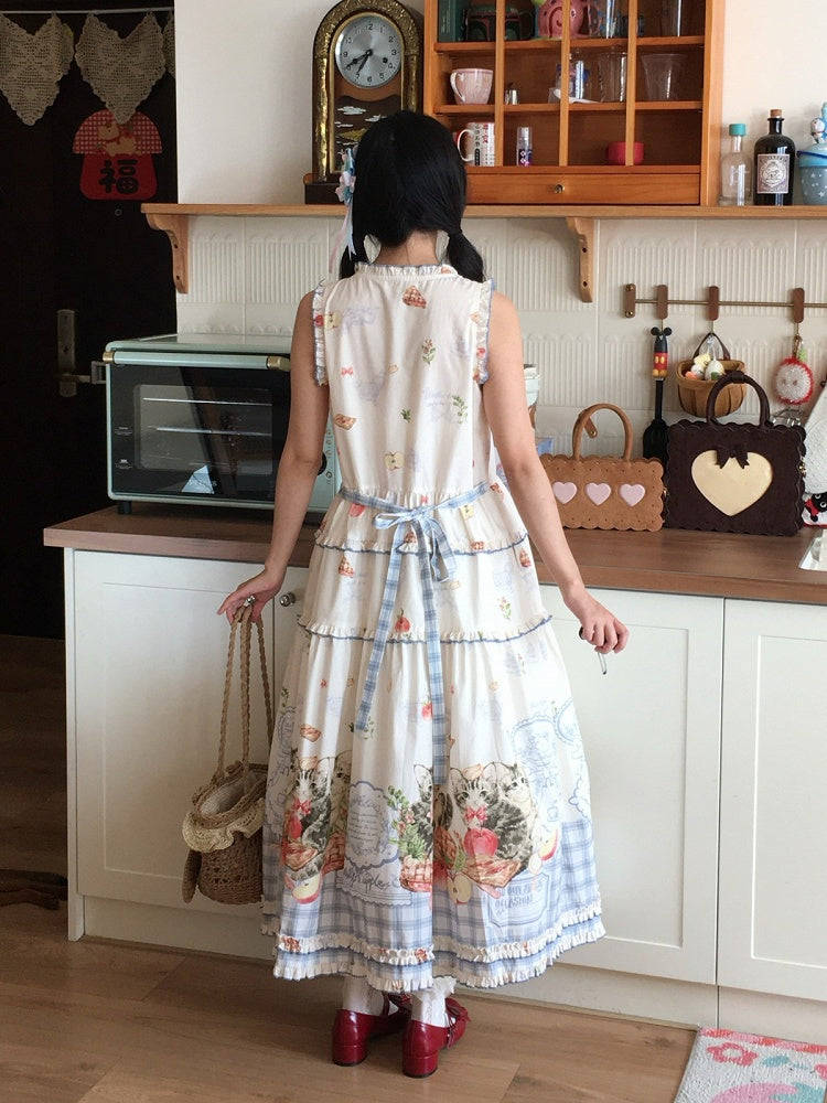 Kawaii Cat and Apple Design Cotton Sleeveless Dress in Short or Long Length