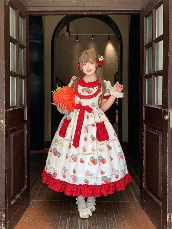 Curvy Strawberry Print Bow-Adorned Floral Skirt Dress - Versatile girl