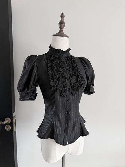 Black Ruffle Short Puff Sleeve Striped Lolita Blouse - Flower Fairy Daily