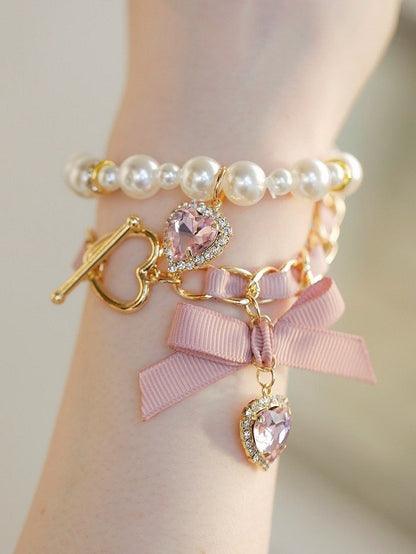 Bracelet Pearl Chain 2 Rhinestone Jirai Color Heart Options Double-Layer Kei