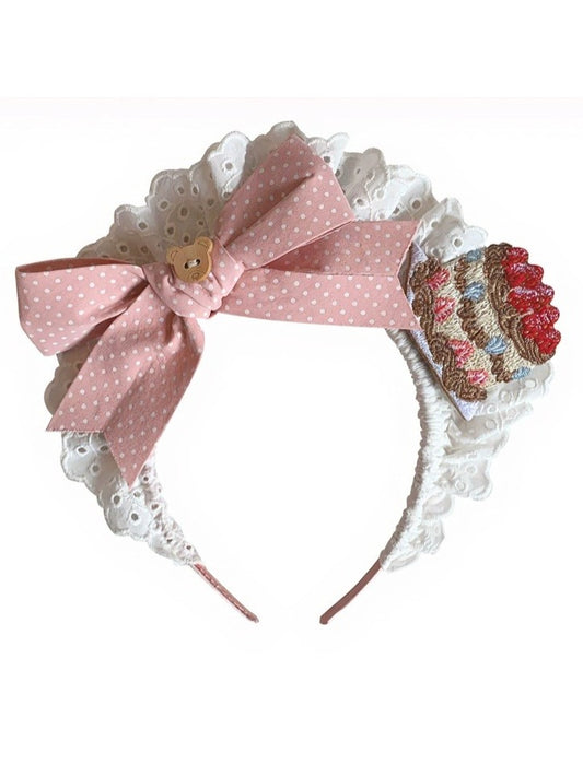Wine Red/Pink Lace Bow KC with Cake Embroidery - Honey Village
