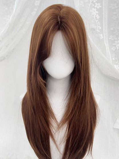 Yellow Tea/Brownish Wig Straight Black Curtain Bangs with 65CM