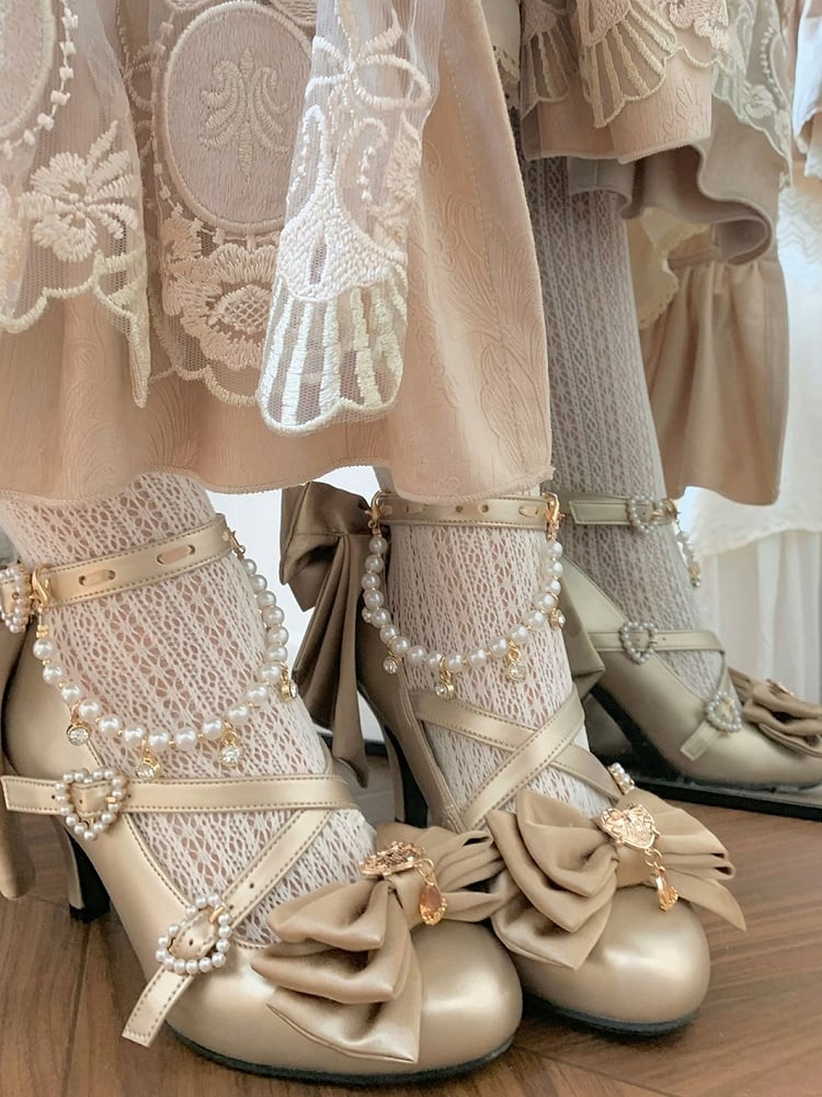 Gold Heart at Top Bow Charm Design Crisscross Beaded Decorated