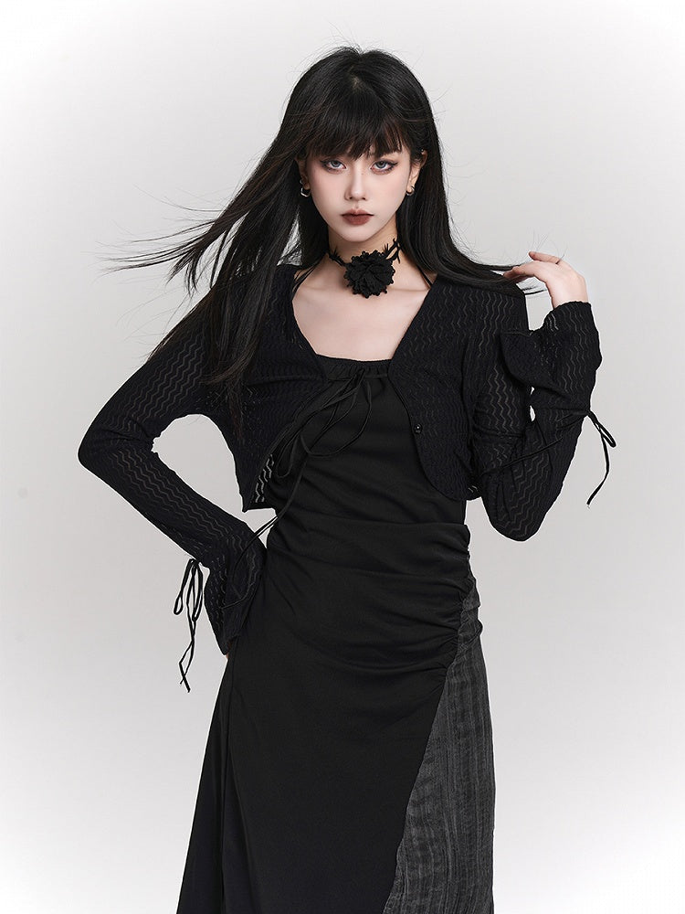 Cardigan Cropped Tie-Front Tie Details Gothic with Wrist Black