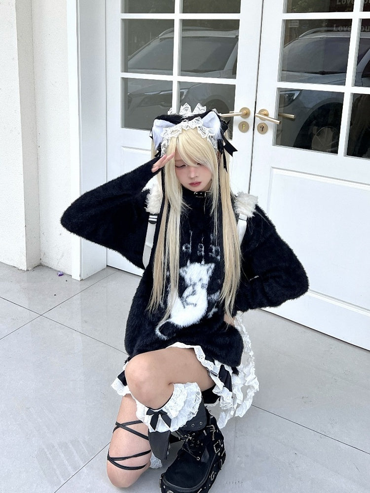 Sweater Black/White with Distress Kitten Plush Design Trim Devil and