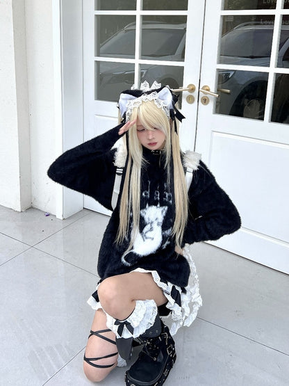 Sweater Black/White with Distress Kitten Plush Design Trim Devil and