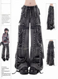 Dark Kawaii Washed Gray Multi-Pocket Cargo Wide Leg Jeans - KNOW8 Online Shop