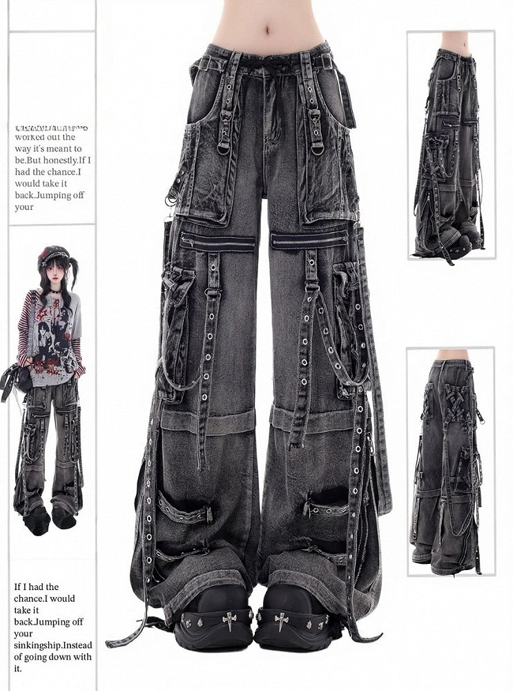 Dark Kawaii Washed Gray Multi-Pocket Cargo Wide Leg Jeans - KNOW8 Online Shop
