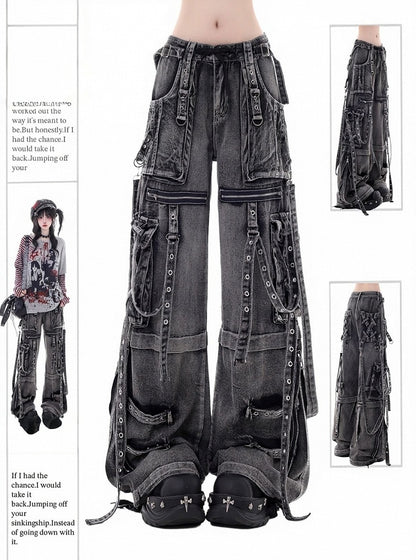 Dark Kawaii Washed Gray Multi-Pocket Cargo Wide Leg Jeans - KNOW8 Online Shop