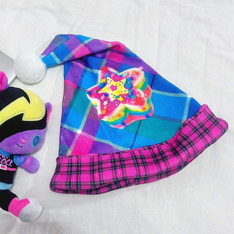 Plaid Christmas Pompon Pattern Hat Y2K Decorated Colorful/Pink