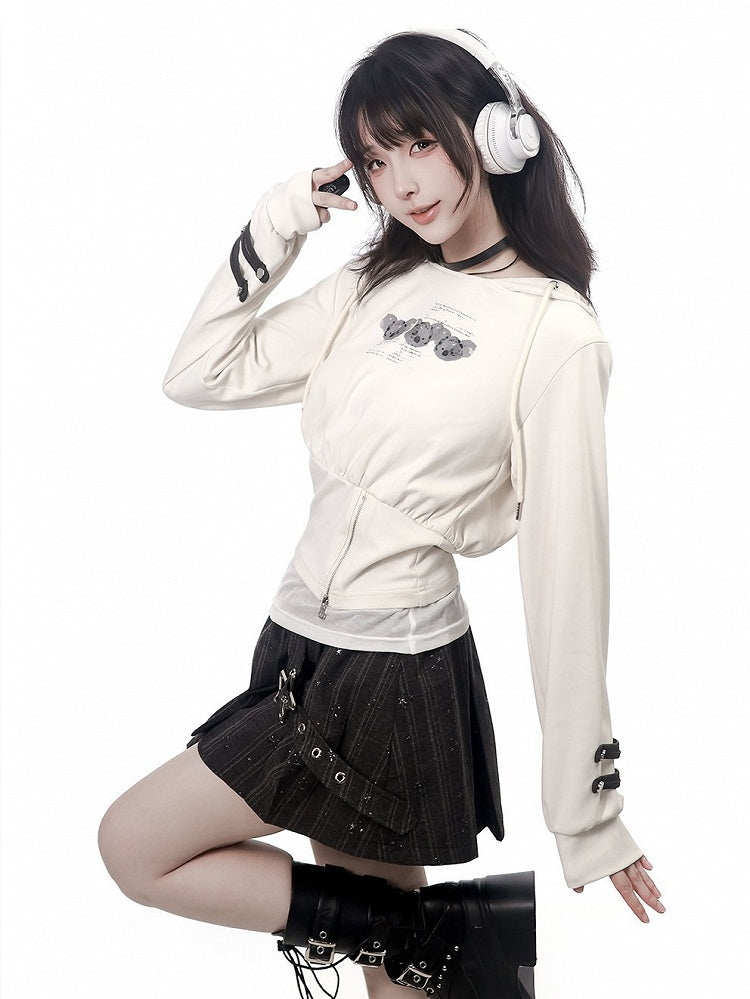 Hooded White Striped Pullover with Bear Graphic & Zip Trim, Fitted Waist - PINK SAVIOR