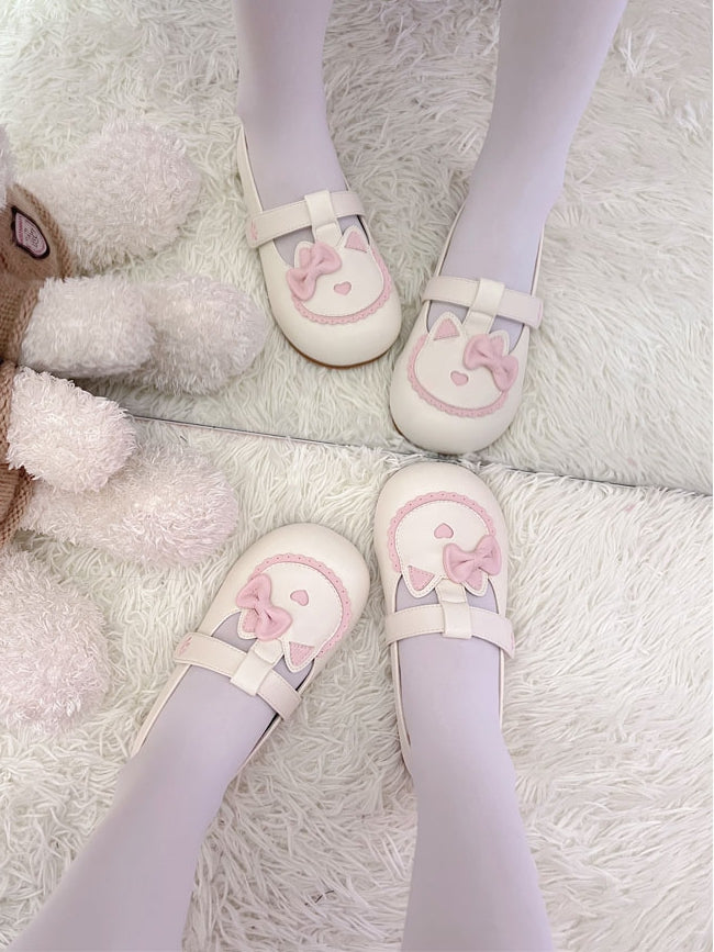 Flat T- with Beige Cat Paw Cute Lolita Strap Embroidered Sweet Kitty Shoes