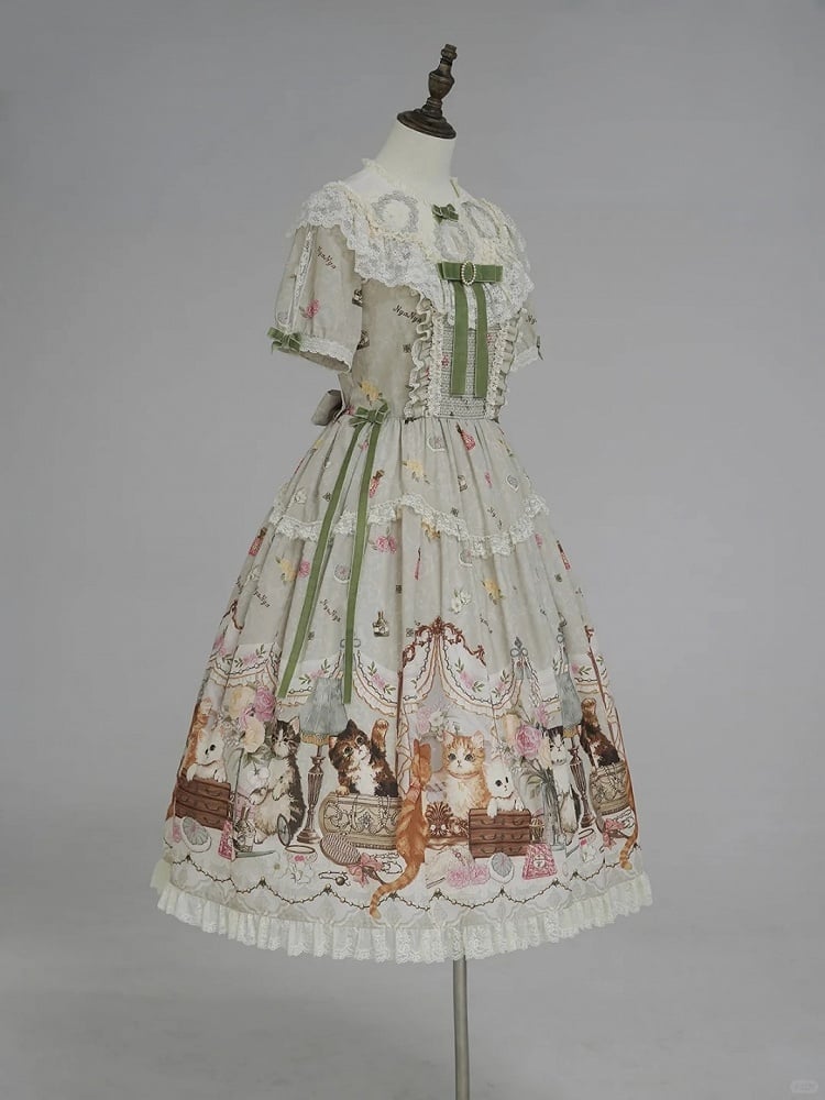 Green Cat Print Round Neck Sweet Lolita Dress with Lace Trim - NyaNya