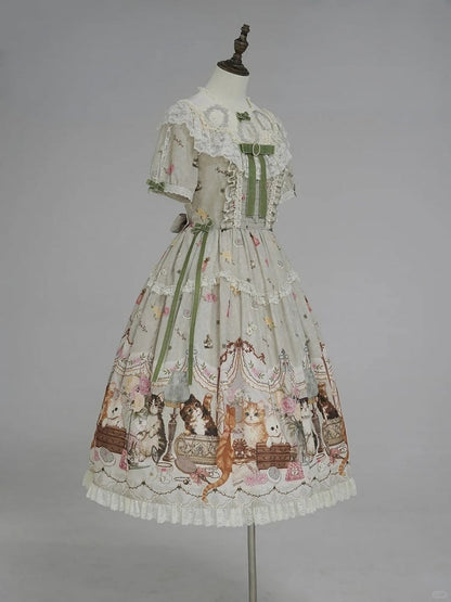 Green Cat Print Round Neck Sweet Lolita Dress with Lace Trim - NyaNya