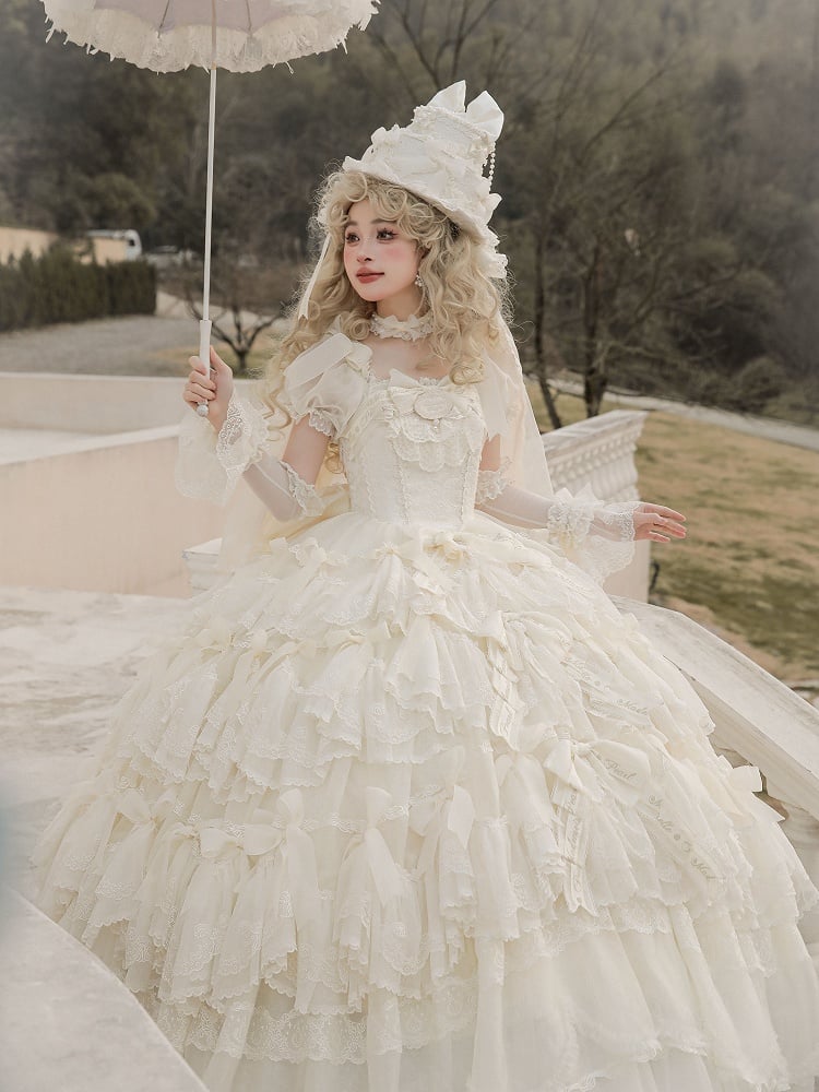 Lolita Wedding Bow Dress / Full Creamy Set White Hanayome Accents Gorgeous