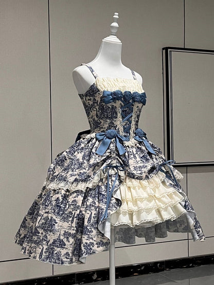 Bow Print Set + Elegant Skirt White Bolero Train High-low Rose Dress Jouy Blue and Accents de with Lolita Classic Toile