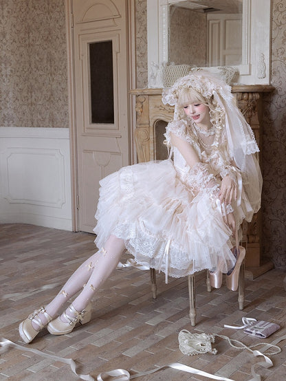 Champagne Illusion Neckline Princess Lolita JSK Dress Set - Sweetheart Macaron Lolita