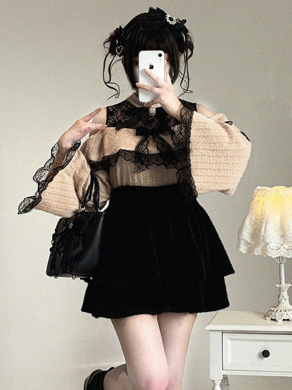 Bow Lace Shoulder Jirai Colors 3 Cutout Top Decor Kei