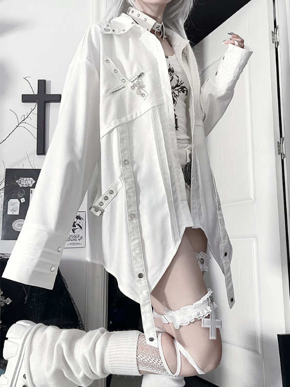 Studded Shirt Asymmetrical Punk Hem White with Collar Long-Sleeve