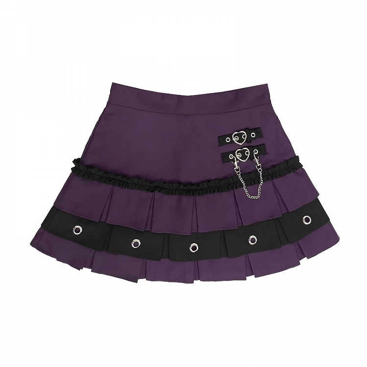 Schnallen Stufenrock Y2K Rot/Pink/Lila Herz Kellerfalte Gefüttert