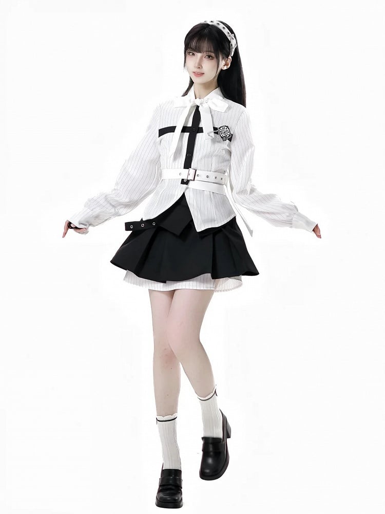 取り外し可能な蝶の時計ブローチ付きシャツ、リボン、黒のセルフタイ、白のストライプ、クロスデザイン