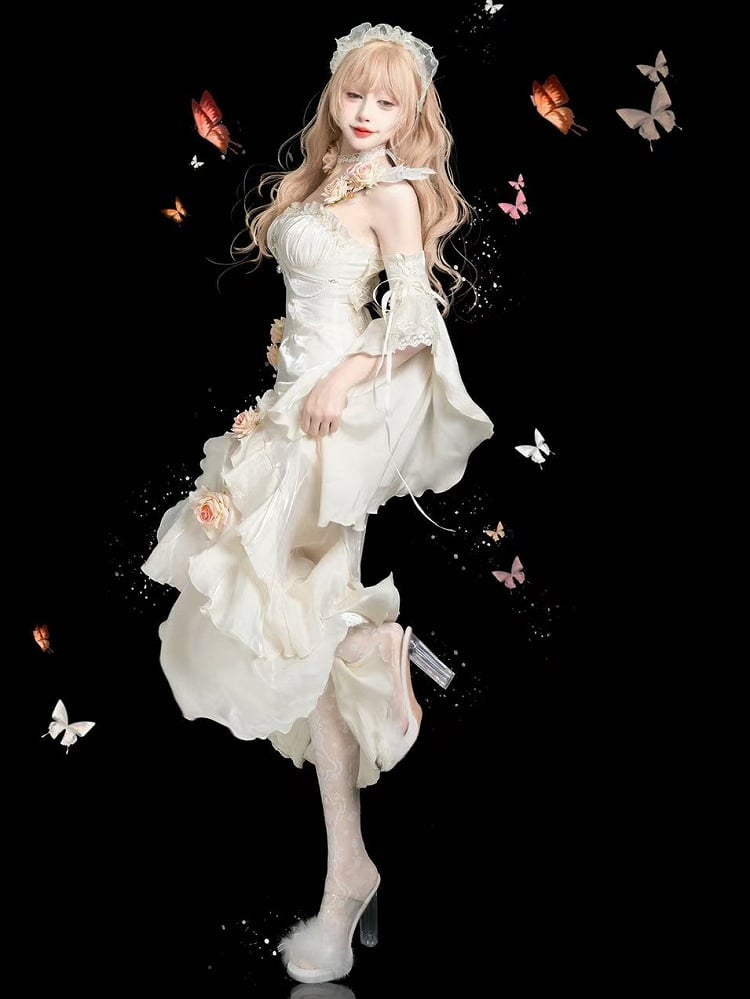 Mermaid Rosette Dress Evening with Detachable Flounce White Sleeves Gown