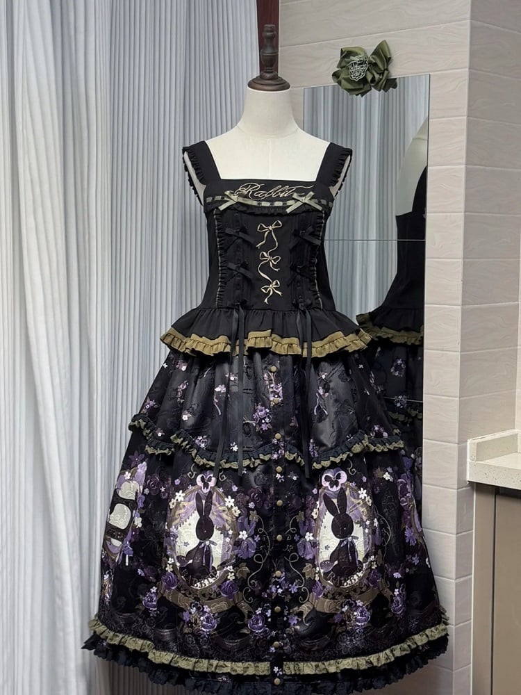 Front Placket Floral Bunny and with Jacquard Lolita Skirt Print Button