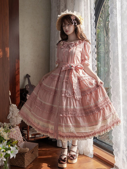Pink Layered Ruffles Elegant Dress with Front Buttons - Miss Point