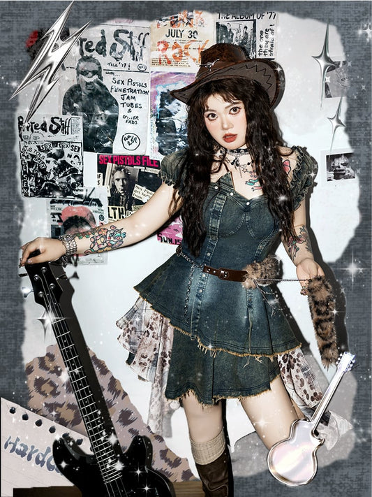 Mode mit blauen Puffärmeln Jeanskleid Leopardengürtel Patchwork Plus Size Gyaru Taille