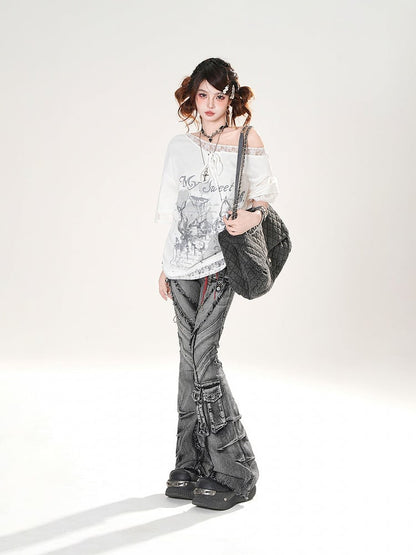 Lockeres, asymmetrisches T-Shirt mit Spitzenbesatz und Schmetterlingsdruck in Schwarz/Weiß