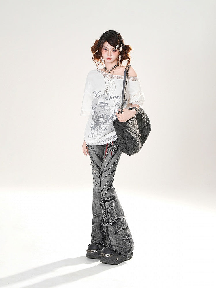 Wash Flared Jeans Cargotaschen Roher Saum Distressed Faded Schwarz