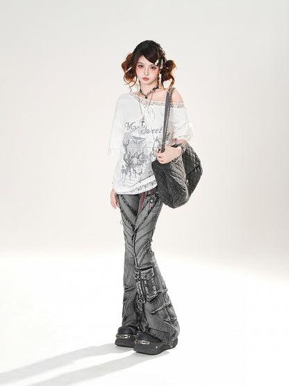 ウォッシュフレアジーンズ カーゴポケット 切りっぱなし裾 ダメージ加工 フェードブラック