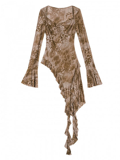 with Top Vintage Tie-Dye Tulle and Bell Hem Coffee Asymmetrical Sleeves