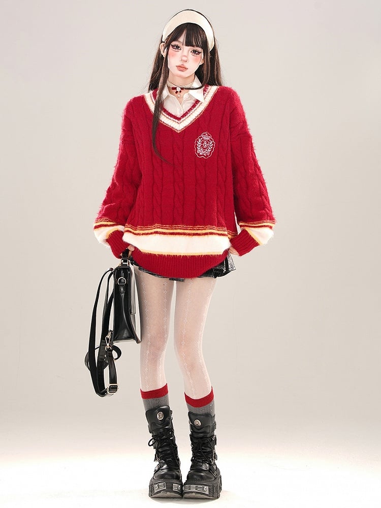 レッドプレッピースタイルVネックルーズセーター