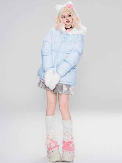 Weiße/rosa/hellblaue Kätzchen-Plüsch-Kapuzenjacke mit dicker Kapuze
