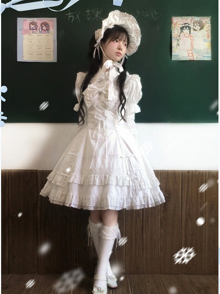 Snowfall-White Cotton JSK Dress with Ruffle and Bow Details