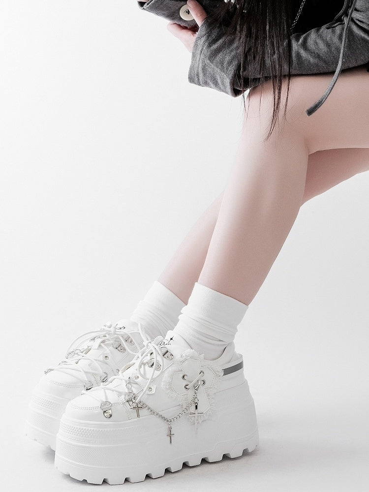Ties Platform Detachable Punk Chain Shoes Design White Cross Lace-up Charm Front With