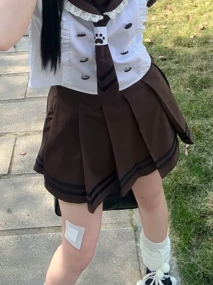 with Hem Pattern Skirt Zipper JK - Brown Striped Hidden Side Pleated