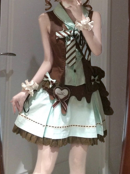 Mint and Cocoa Striped Sleeveless Two-Piece Look Top with Bows - Sweet Dream