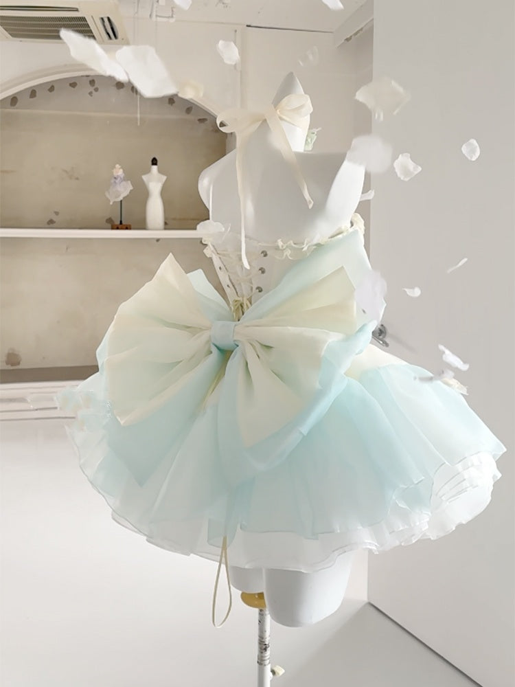 Grünes Mieder-Korsett-Oberteil mit Schleifenverzierung und bauschigem Rock, gelbes Balletcore-Set