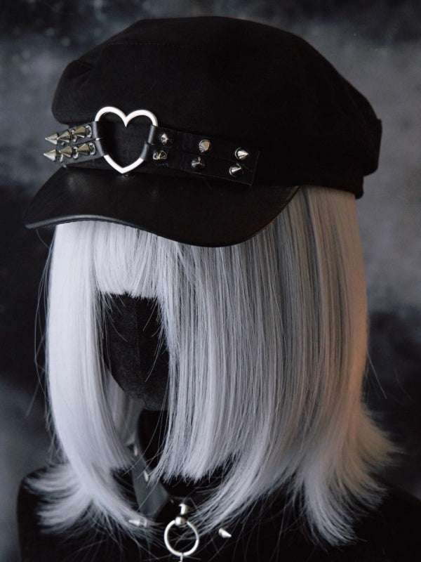 Ring Heart Hat Black Details Gothic Studs Beret