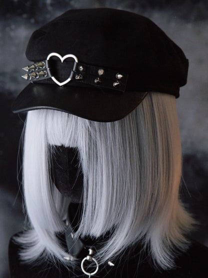 Ring Heart Hat Black Details Gothic Studs Beret