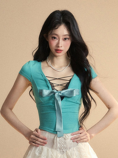 Blue Lace Trim V-Neck Cutout Tiffany Slim-fitting Back T-Shirt Big Bow