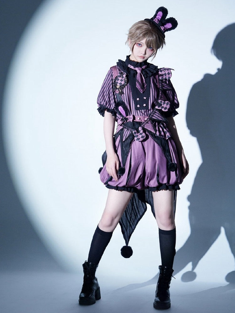 + Bloomers Vibes Theme Kuromi Bunny Purple Circus Lolita Ouji Black Set Pattern and Top Striped