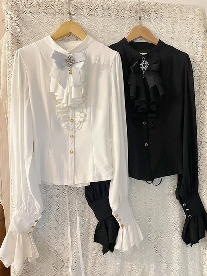 Tie and Long-sleeved Placket Lolita Jabot White with Blouse Ruffled