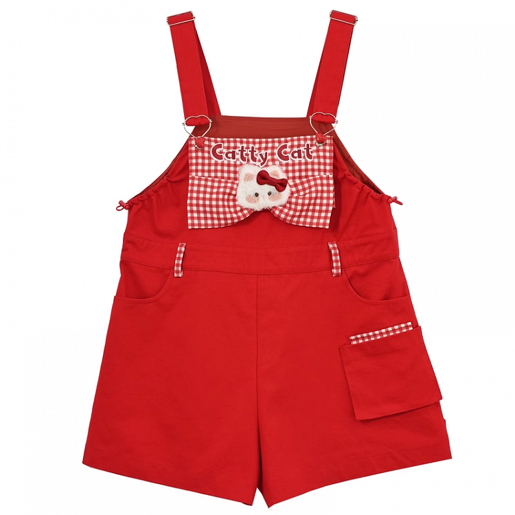 Red Plaid Bowknot Plush Kitty Overall Shorts