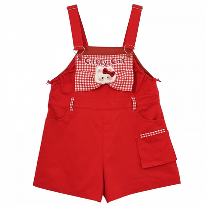 Red Plaid Bowknot Plush Kitty Overall Shorts